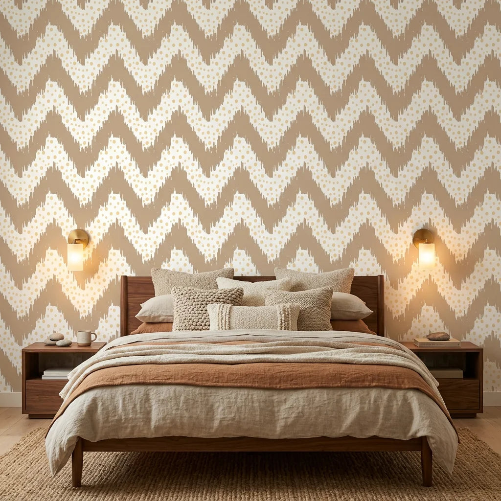 Caramel Drip taupe & gold geometric wallpaper in a warm and inviting living room