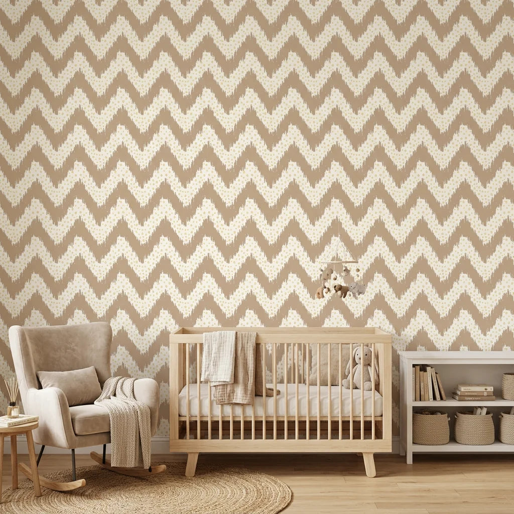 Caramel Drip taupe & gold geometric wallpaper adding character to a cozy bedroom