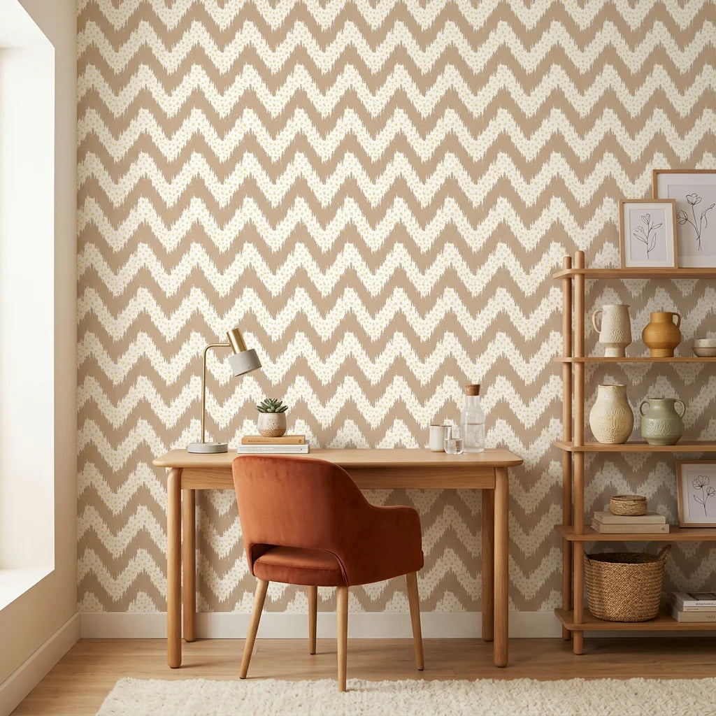 Caramel Drip taupe & gold geometric wallpaper as a feature wall in a bright home office