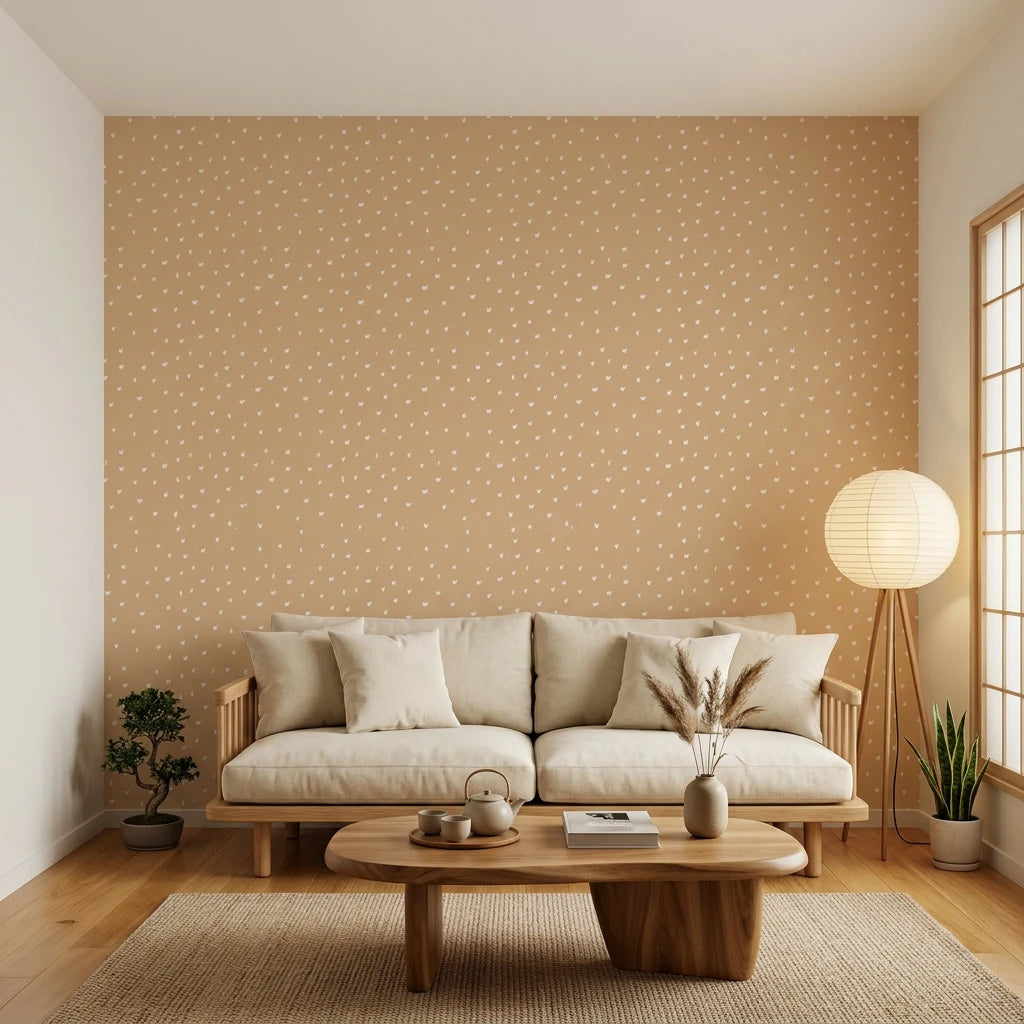 Caramel Haze cozy caramel brushstroke dot wallpaper in a warm and inviting living room