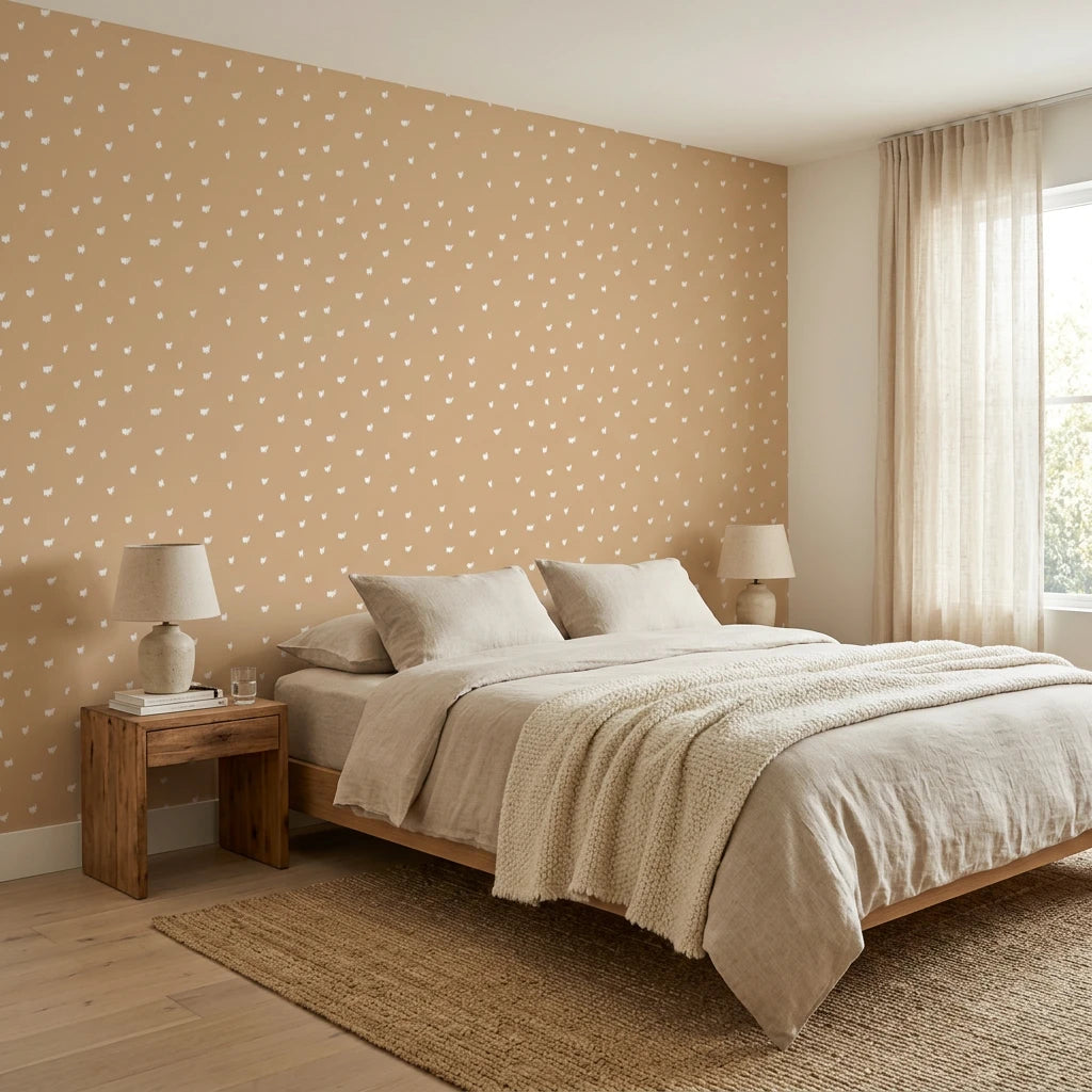 Caramel Haze cozy caramel brushstroke dot wallpaper adding character to a cozy bedroom