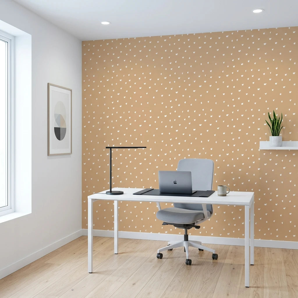 Caramel Haze cozy caramel brushstroke dot wallpaper as a feature wall in a bright home office