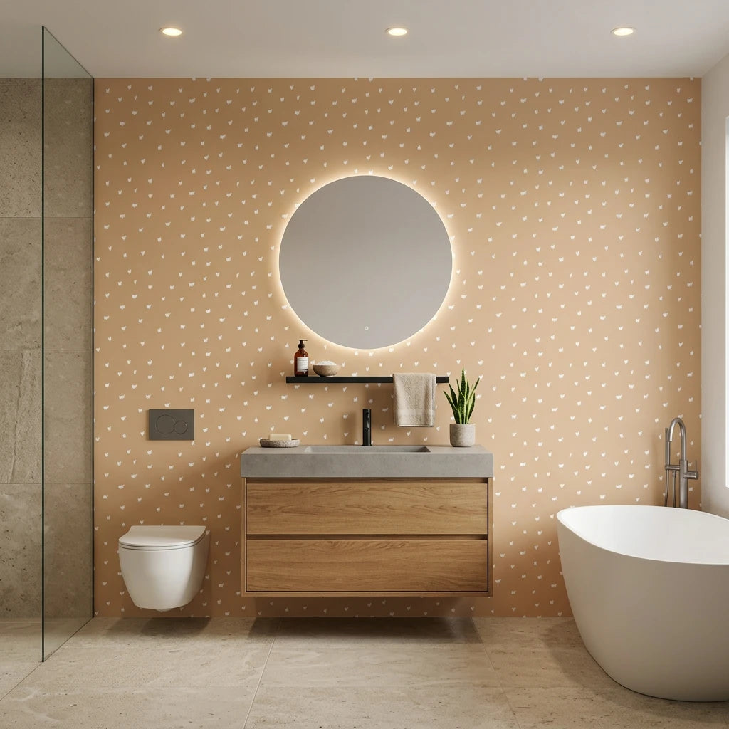Caramel Haze cozy caramel brushstroke dot wallpaper creating ambiance in a serene bathroom