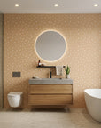 Caramel Haze cozy caramel brushstroke dot wallpaper creating ambiance in a serene bathroom