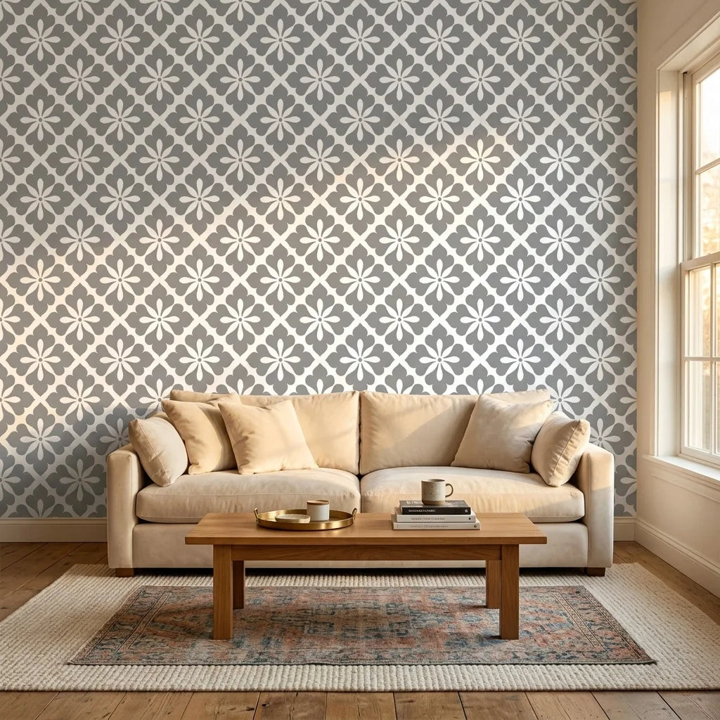 Carbon Bloom grey floral peel and stick wallpaper in a warm and inviting living room