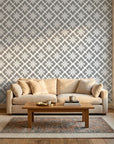 Carbon Bloom grey floral peel and stick wallpaper in a warm and inviting living room