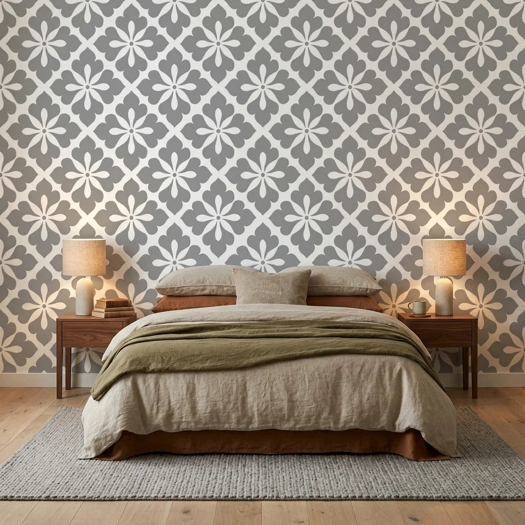 Carbon Bloom grey floral peel and stick wallpaper adding character to a cozy bedroom