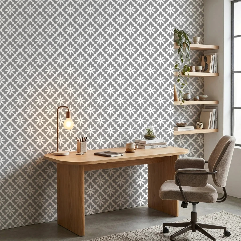 Carbon Bloom grey floral peel and stick wallpaper as a feature wall in a bright home office