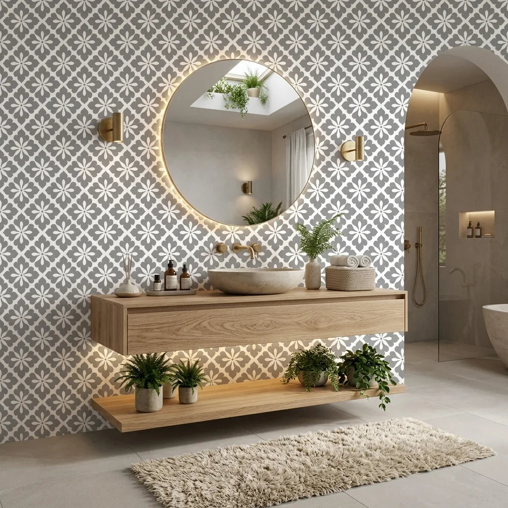 Carbon Bloom grey floral peel and stick wallpaper creating ambiance in a serene bathroom