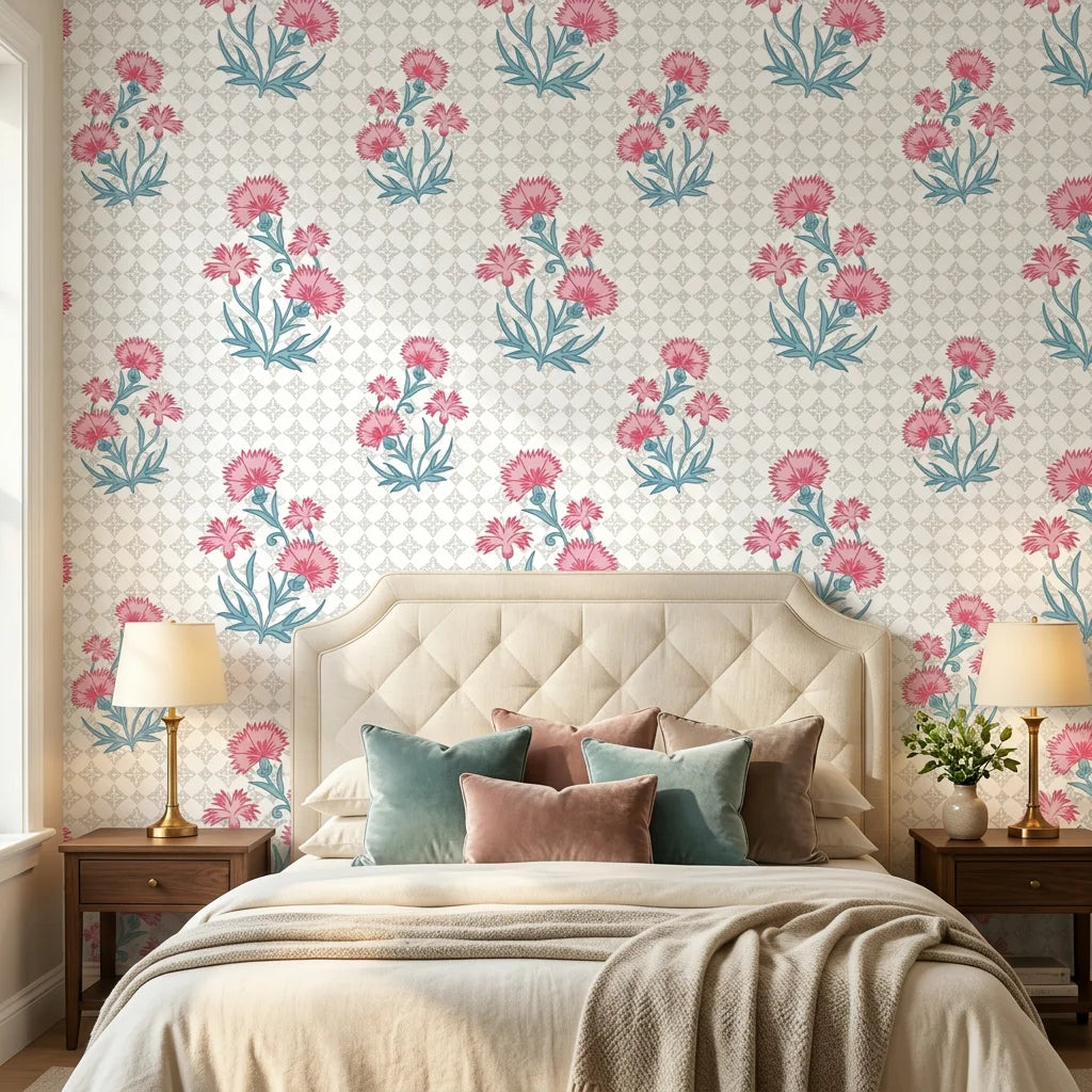 Smooth pink and blue carnation floral peel and stick wallpaper - Carnation Lattice