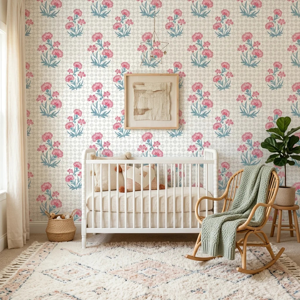 Carnation Lattice pink and blue floral wallpaper in a warm and inviting living room