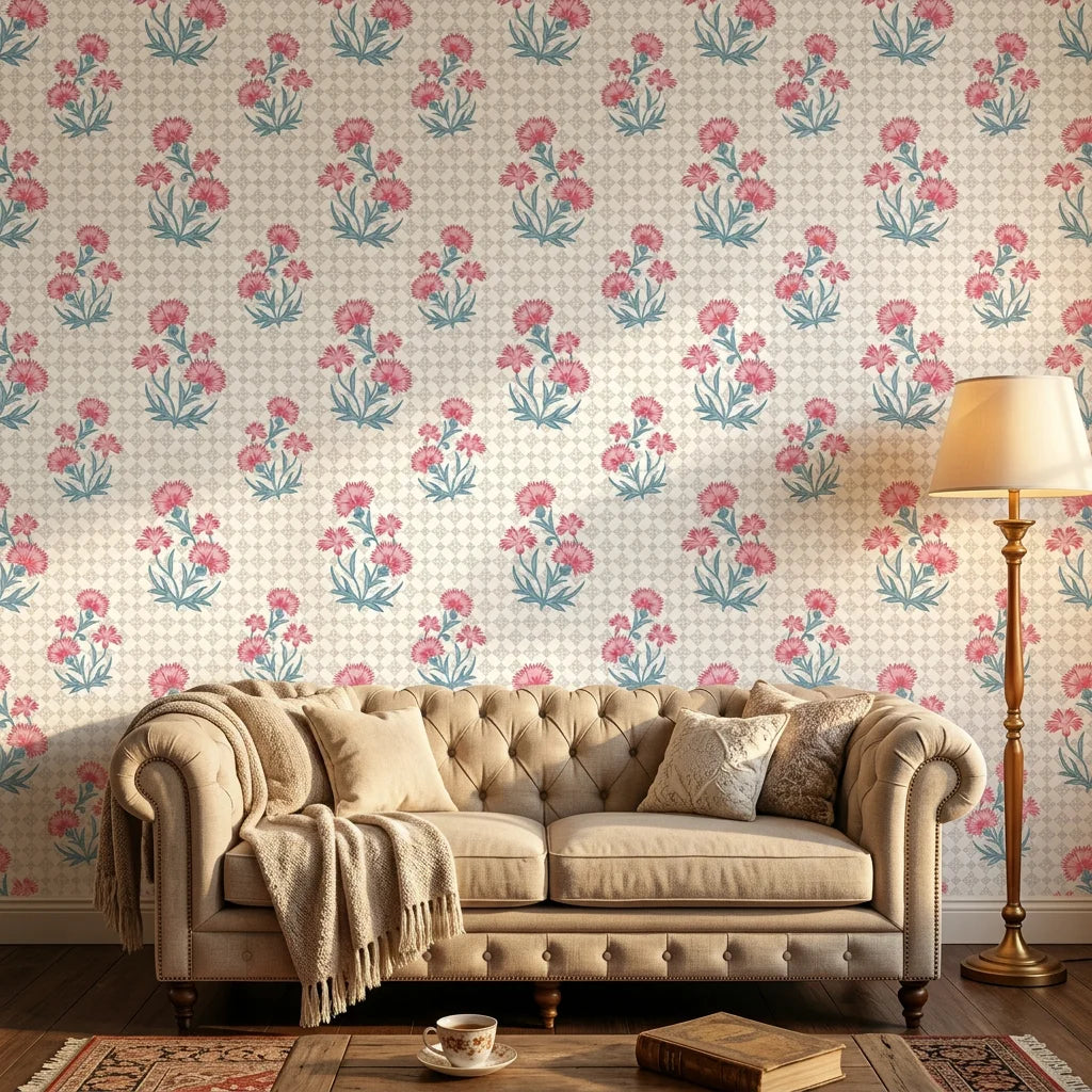 Carnation Lattice pink and blue floral wallpaper adding character to a cozy bedroom