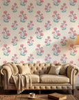 Carnation Lattice pink and blue floral wallpaper adding character to a cozy bedroom