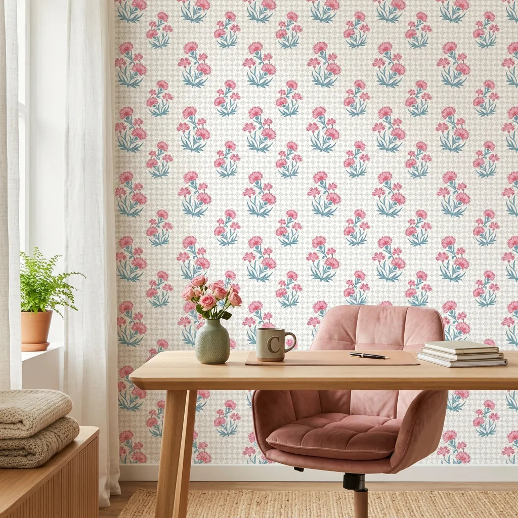 Carnation Lattice pink and blue floral wallpaper as a feature wall in a bright home office