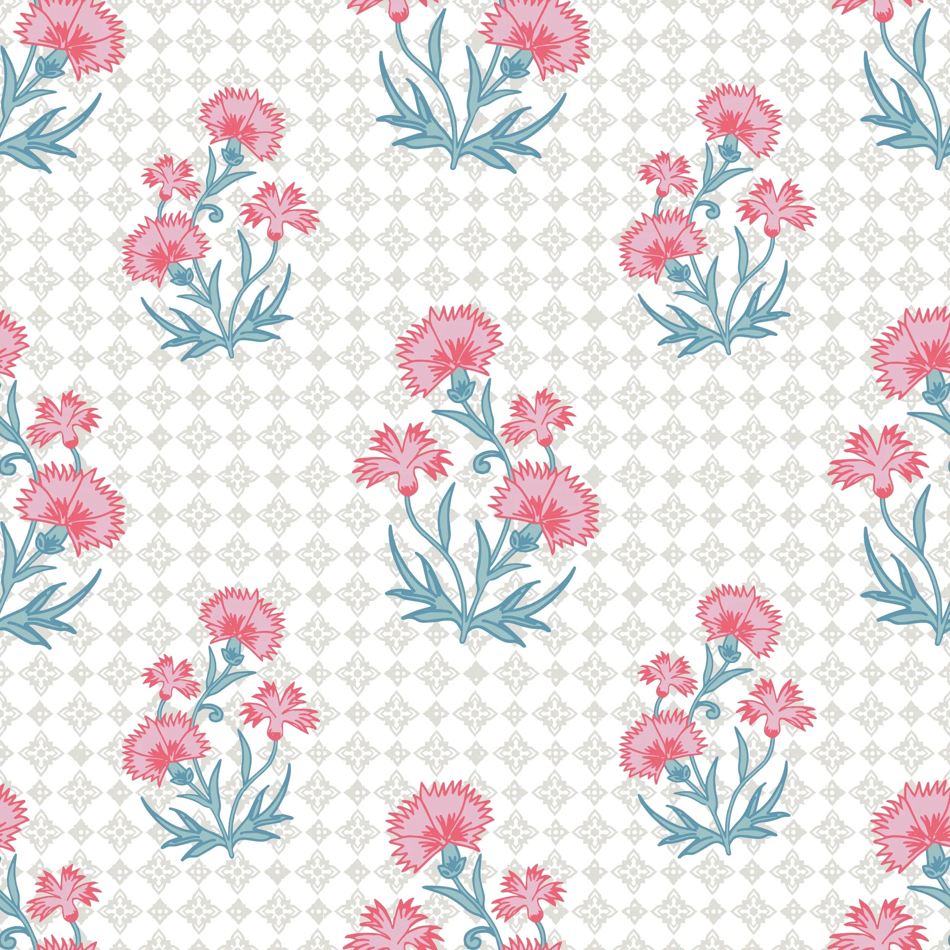 Carnation Lattice pink and blue floral wallpaper creating ambiance in a serene bathroom