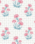 Carnation Lattice pink and blue floral wallpaper creating ambiance in a serene bathroom