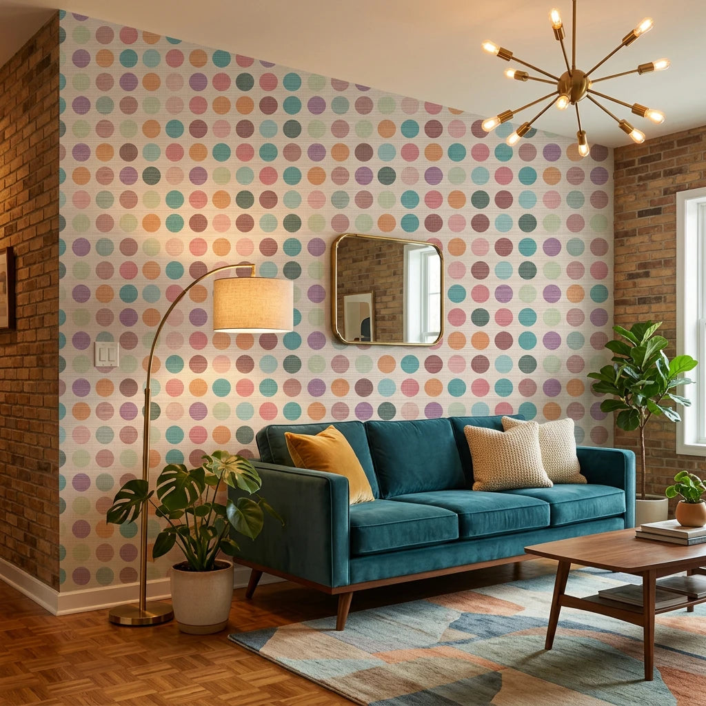 Carnival Cloth vibrant multicolor polka dot wallpaper in a warm and inviting living room