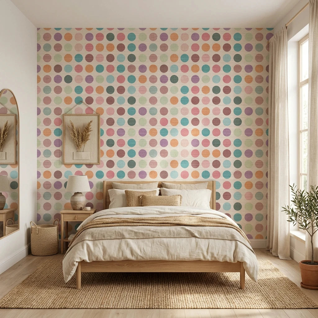Carnival Cloth vibrant multicolor polka dot wallpaper adding character to a cozy bedroom