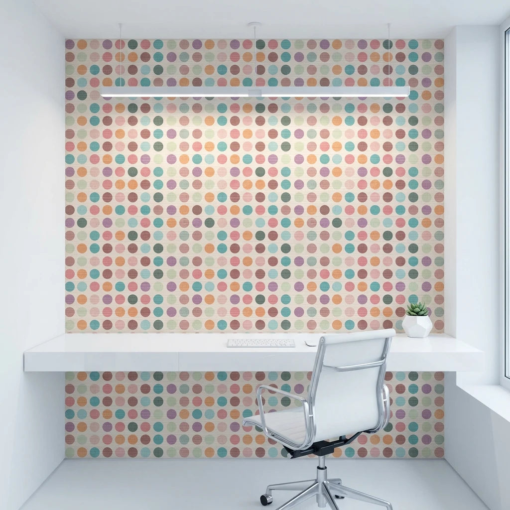 Carnival Cloth vibrant multicolor polka dot wallpaper as a feature wall in a bright home office
