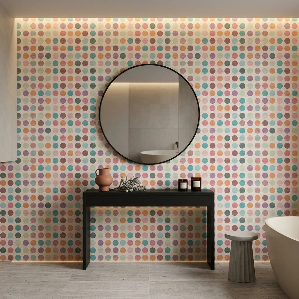 Carnival Cloth vibrant multicolor polka dot wallpaper creating ambiance in a serene bathroom