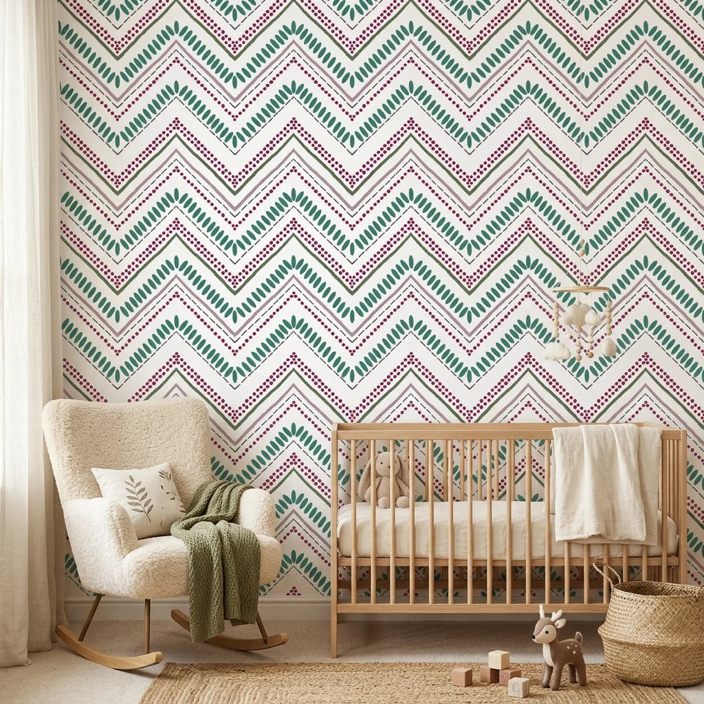 Smooth white, teal, and burgundy chevron peel and stick wallpaper - Carnival Stripe