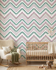 Smooth white, teal, and burgundy chevron peel and stick wallpaper - Carnival Stripe