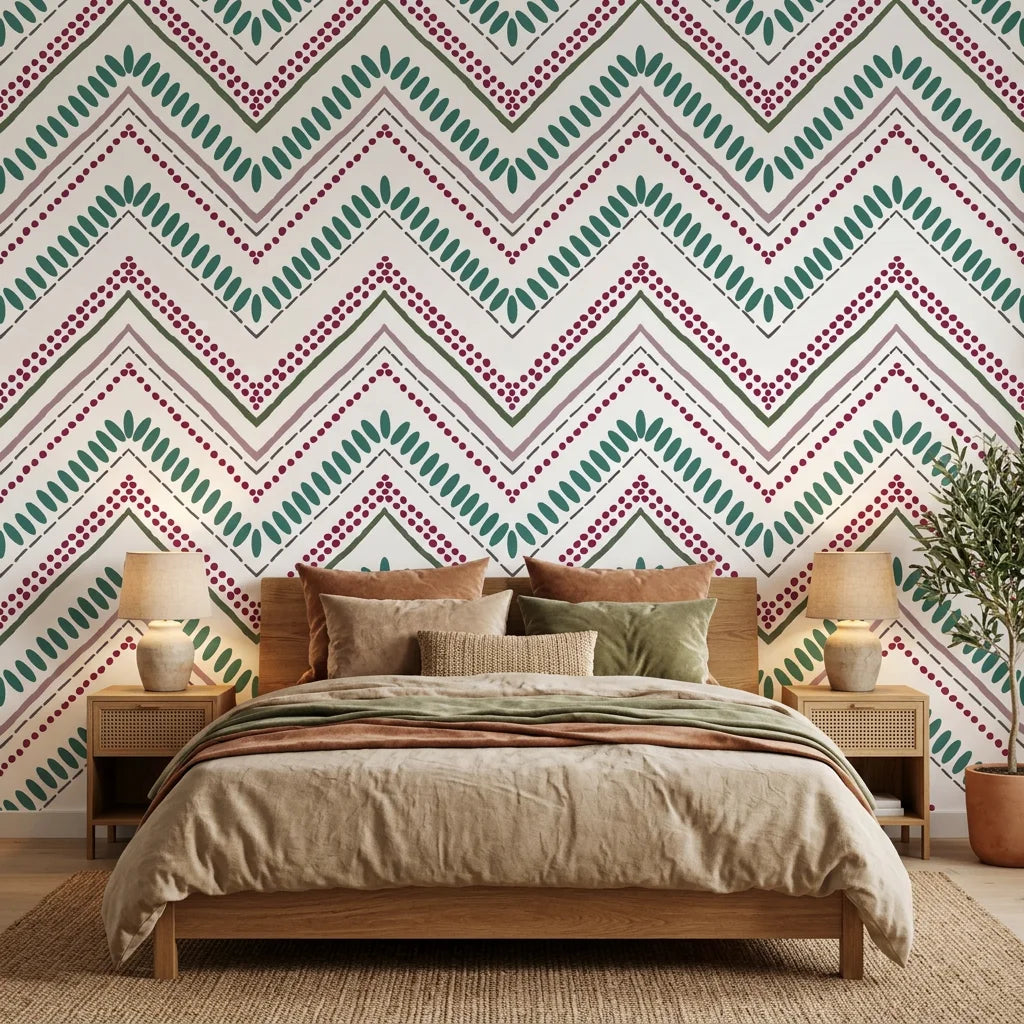 Carnival Stripe teal and burgundy chevron wallpaper in a warm and inviting living room