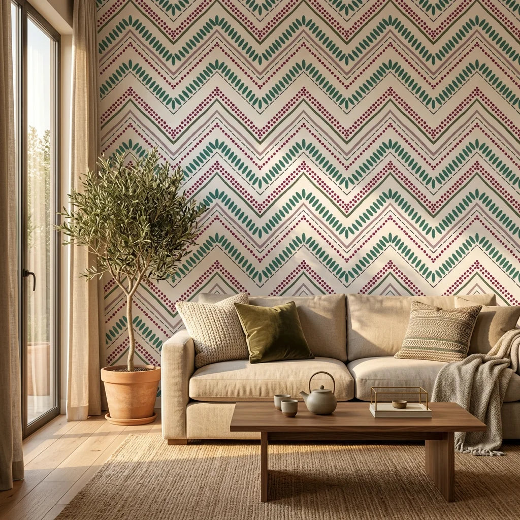 Carnival Stripe teal and burgundy chevron wallpaper adding character to a cozy bedroom
