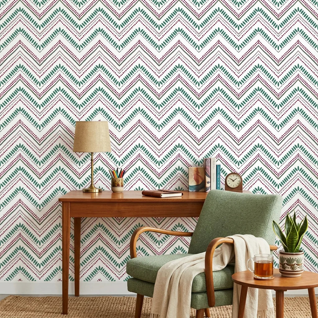 Carnival Stripe teal and burgundy chevron wallpaper as a feature wall in a bright home office