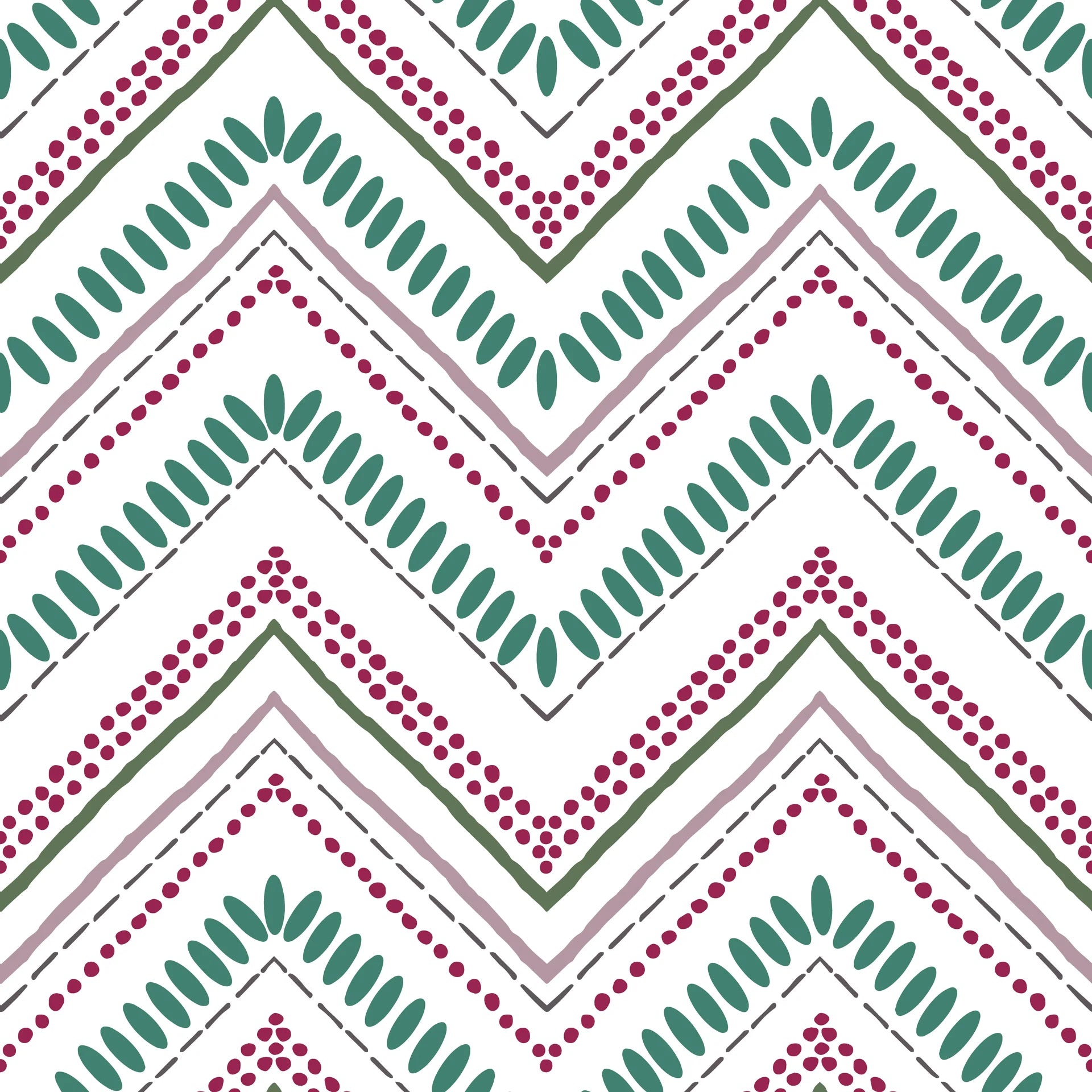 Carnival Stripe teal and burgundy chevron wallpaper creating ambiance in a serene bathroom