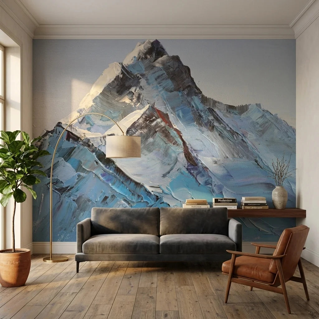 Textured blue and grey mountain impasto landscape peel and stick wallpaper - Carved in Ice
