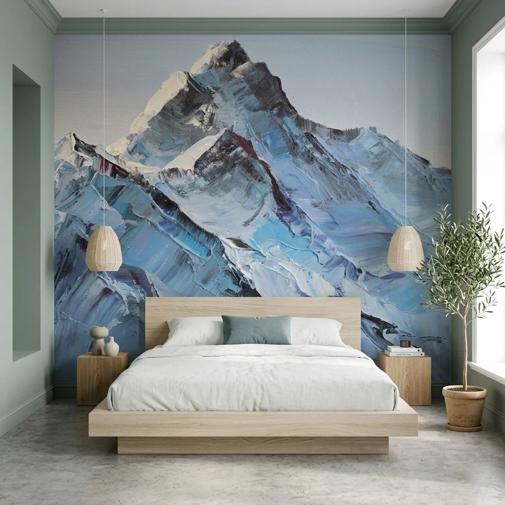 Carved in Ice blue mountain impasto landscape wallpaper in a warm and inviting living room