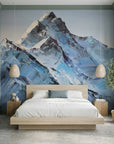 Carved in Ice blue mountain impasto landscape wallpaper in a warm and inviting living room