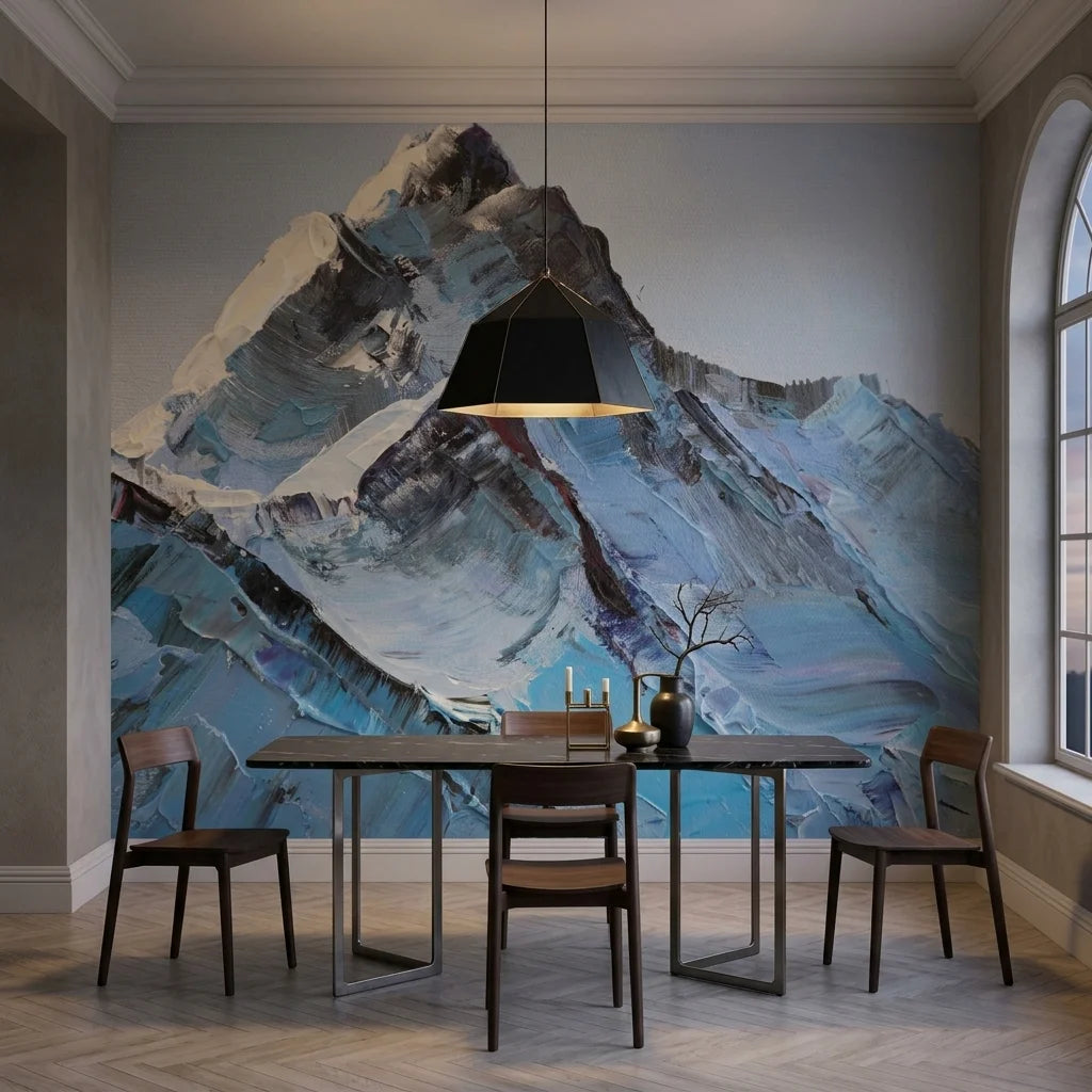 Carved in Ice blue mountain impasto landscape wallpaper adding character to a cozy bedroom