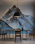 Carved in Ice blue mountain impasto landscape wallpaper adding character to a cozy bedroom