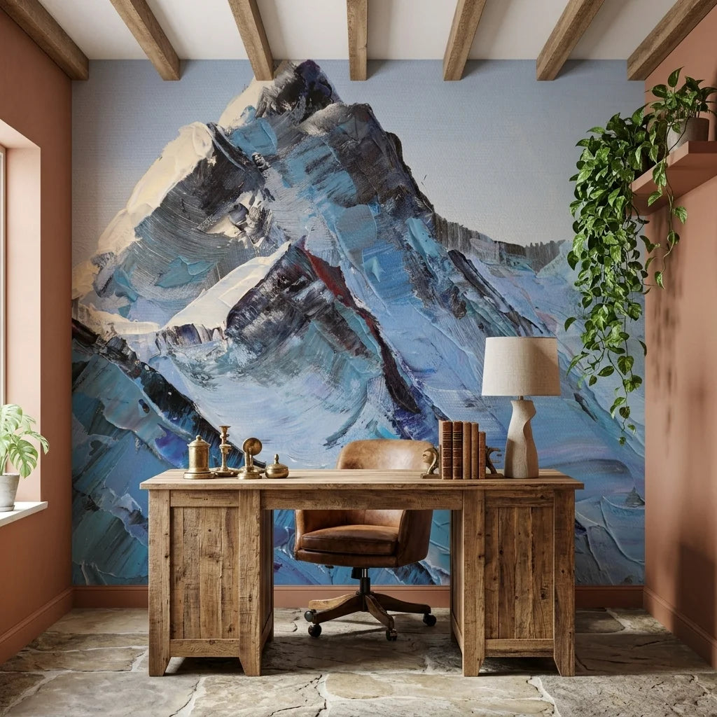 Carved in Ice blue mountain impasto landscape wallpaper as a feature wall in a bright home office