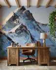 Carved in Ice blue mountain impasto landscape wallpaper as a feature wall in a bright home office