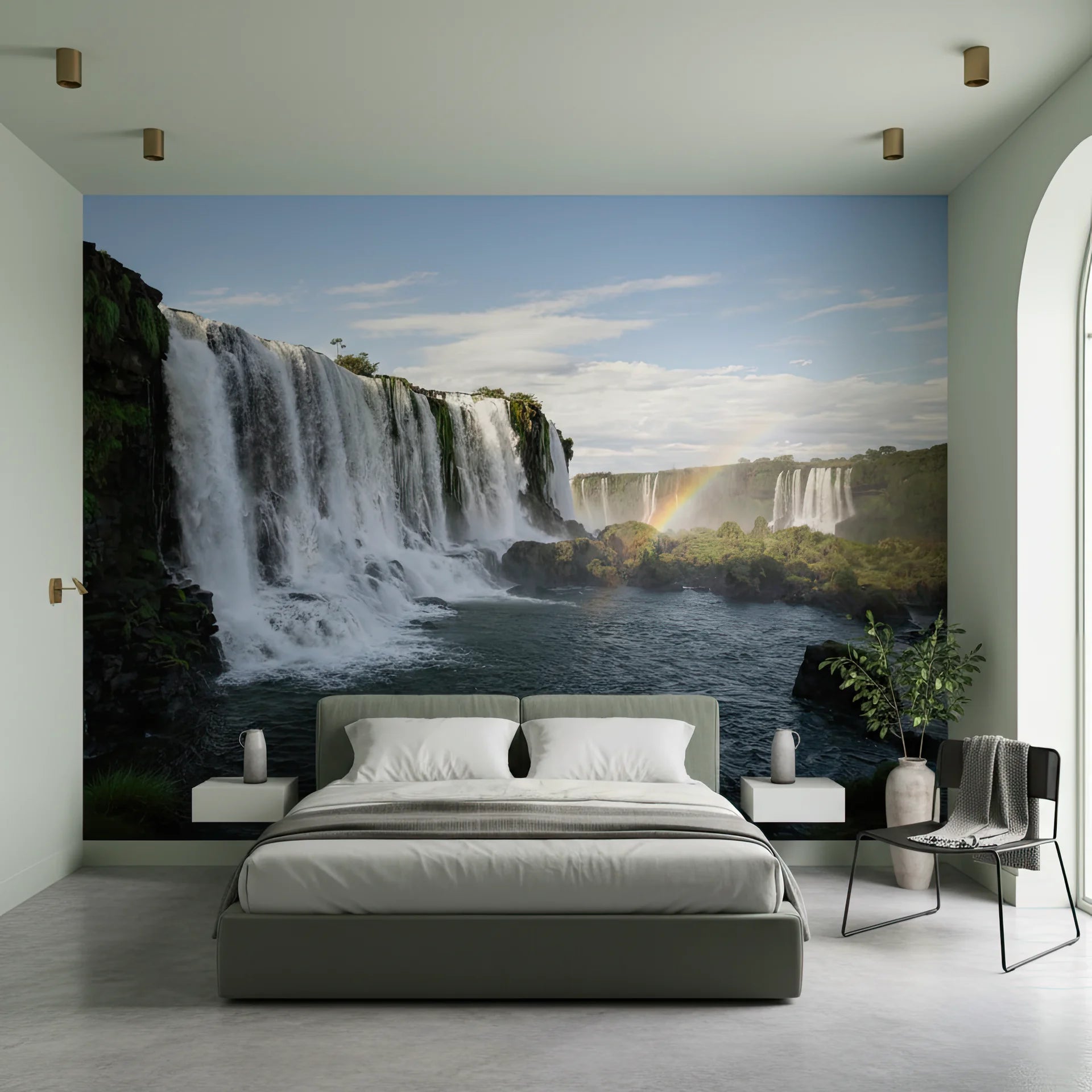 Cascading water feature with dancing light patterns removable wall mural