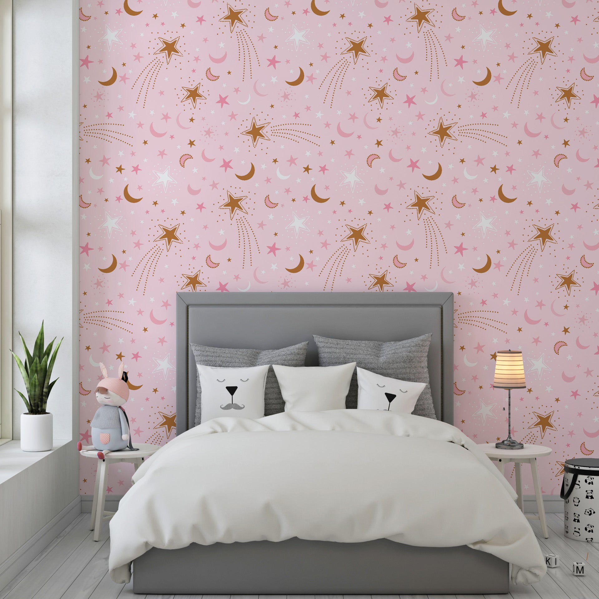 Soft blush wallpaper featuring shimmering gold crescent moons and twinkling stars in a celestial pattern - Celestial Blush