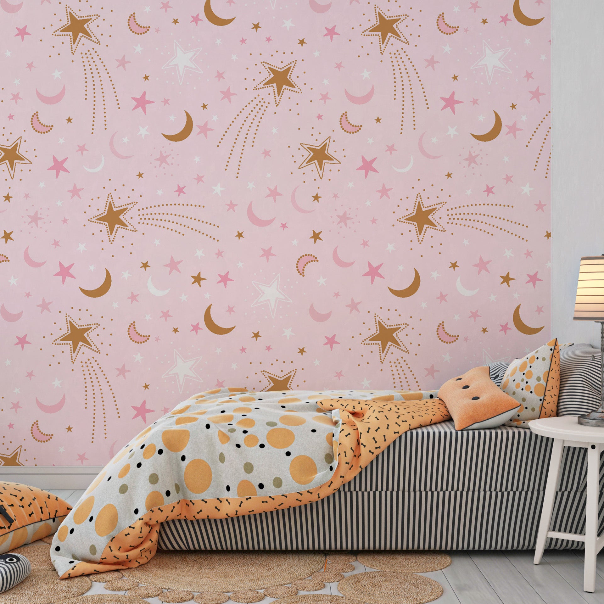 Self-adhesive wall mural with metallic gold astronomical motifs over a pastel pink background - Celestial Blush