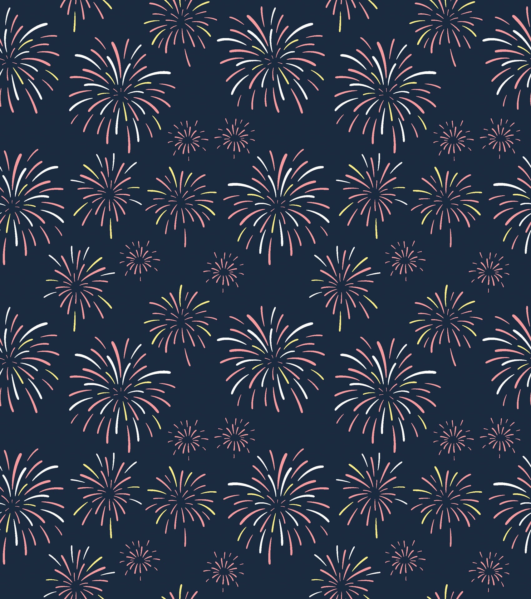 A deep navy wall covering patterned with yellow and pink firework explosions - Celestial Burst