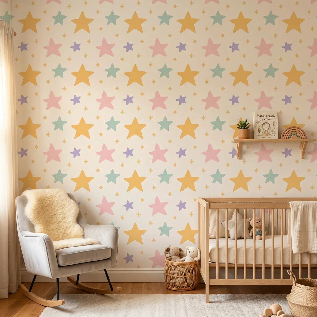Celestial Dream pastel star wallpaper in a warm and inviting living room
