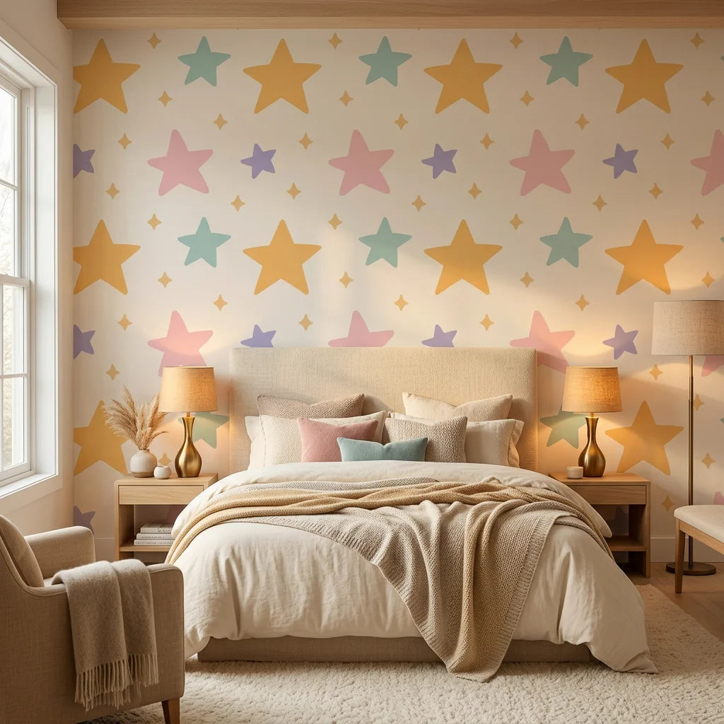 Celestial Dream pastel star wallpaper adding character to a cozy bedroom