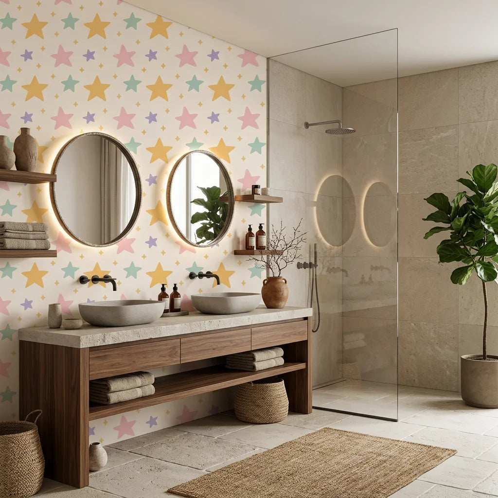Celestial Dream pastel star wallpaper creating ambiance in a serene bathroom