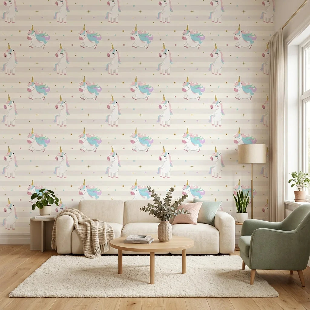 Celestial Prance pink and gold unicorn wallpaper in a warm and inviting living room
