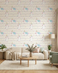 Celestial Prance pink and gold unicorn wallpaper in a warm and inviting living room