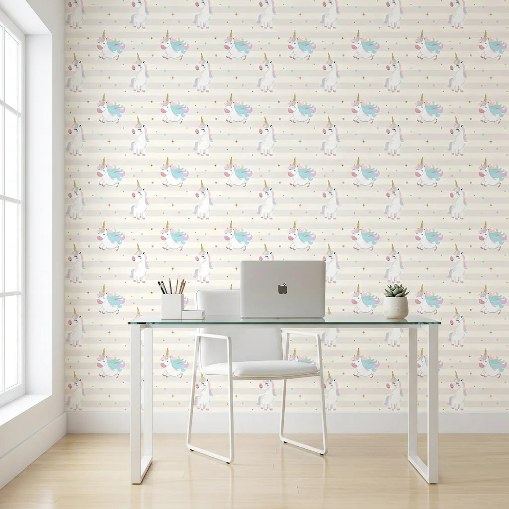 Celestial Prance pink and gold unicorn wallpaper as a feature wall in a bright home office