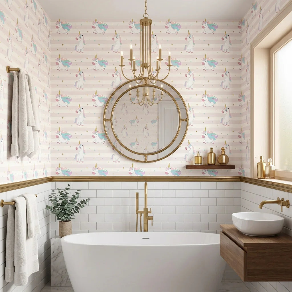 Celestial Prance pink and gold unicorn wallpaper creating ambiance in a serene bathroom