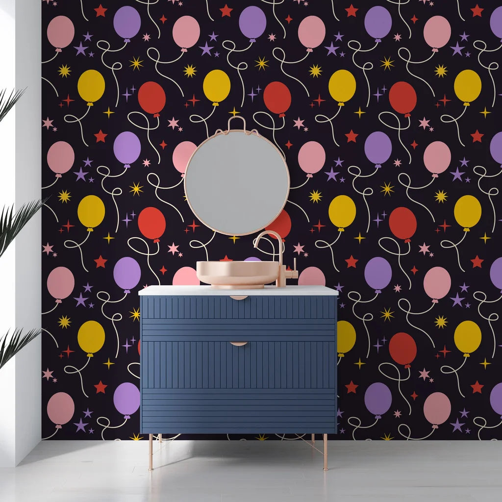 Playful dark navy peel and stick mural with a pattern of celebratory balloons and scattered starlight - Celestial Bloom