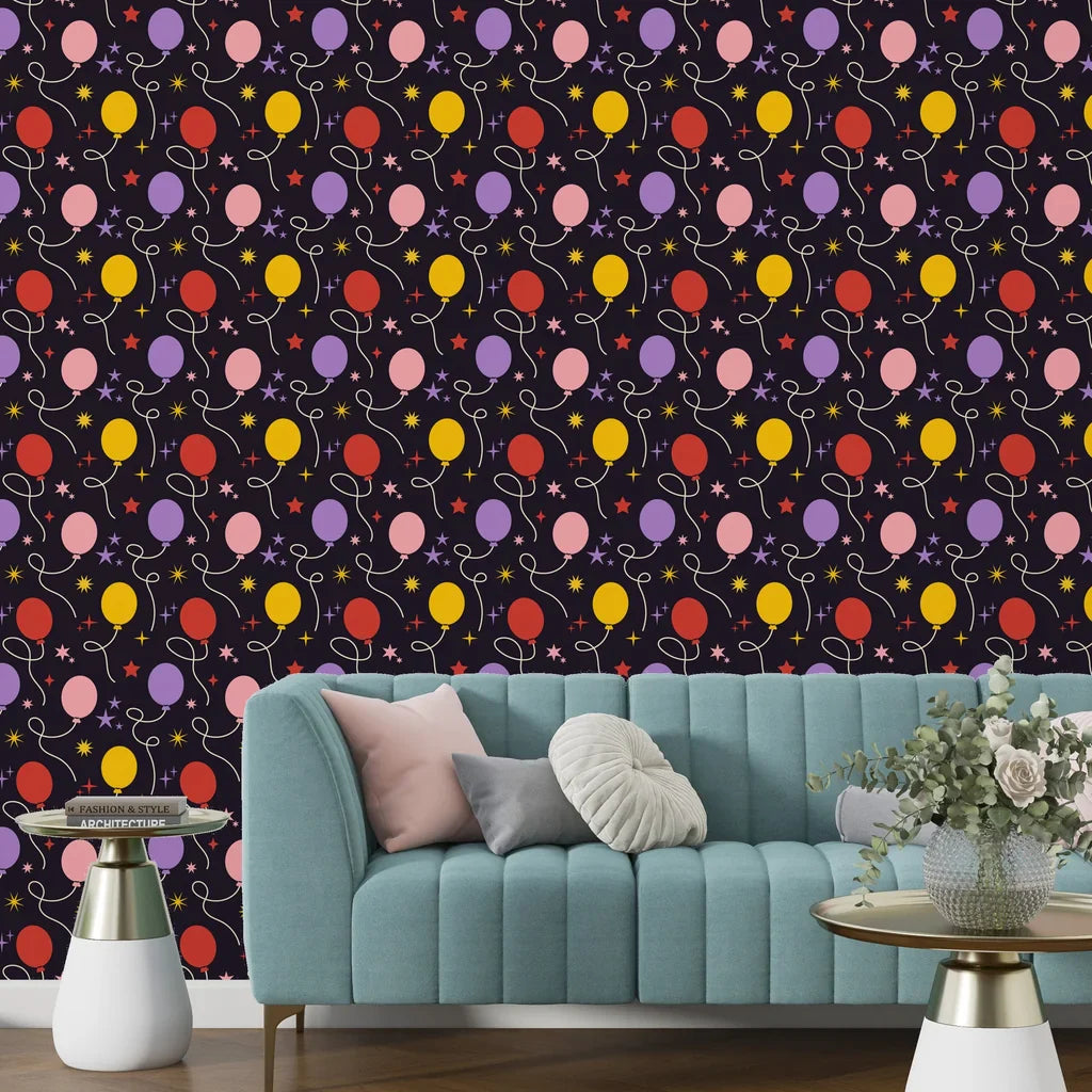 Whimsical celestial-themed adhesive wallpaper showing festive balloons and tiny stars over a navy backdrop - Celestial Bloom